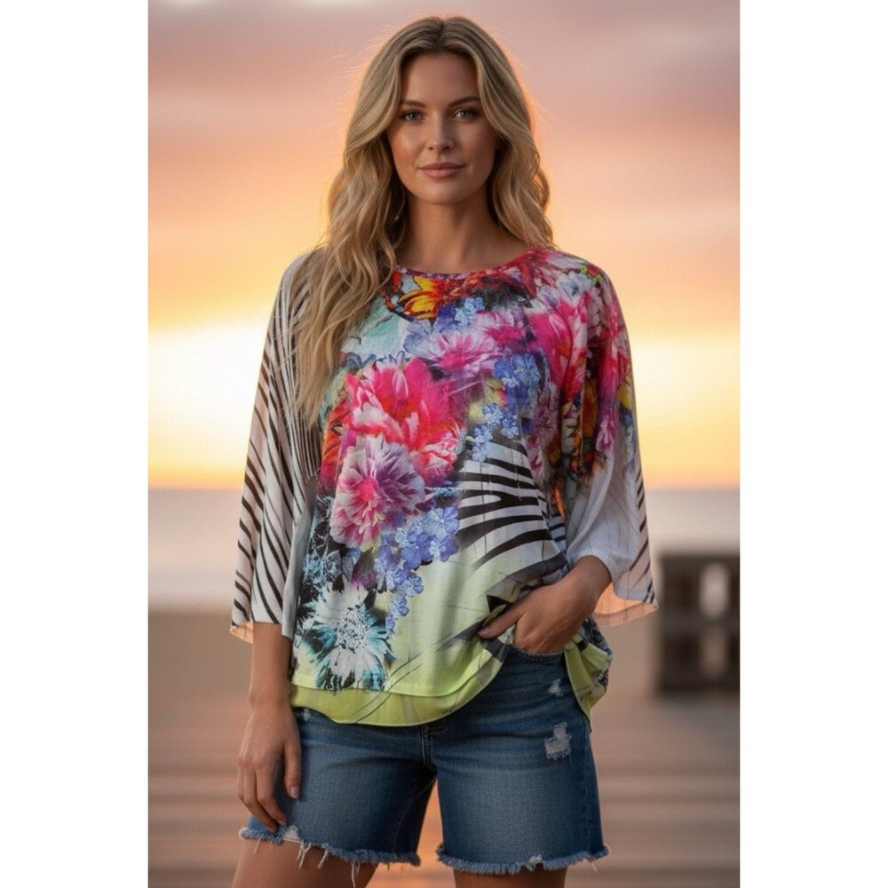 Christopher & Banks Womens Size 1X Floral Zebra Sequin Mixed Media 3/4 Slv Top